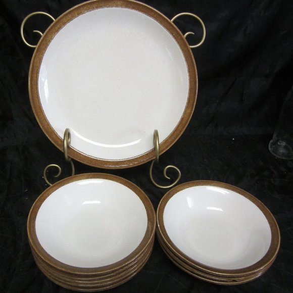 VTG 90'S STONEWARE, 1 DINNER 8 BOWLS, CREAM W/BROWN RIM - Picture 1 of 8